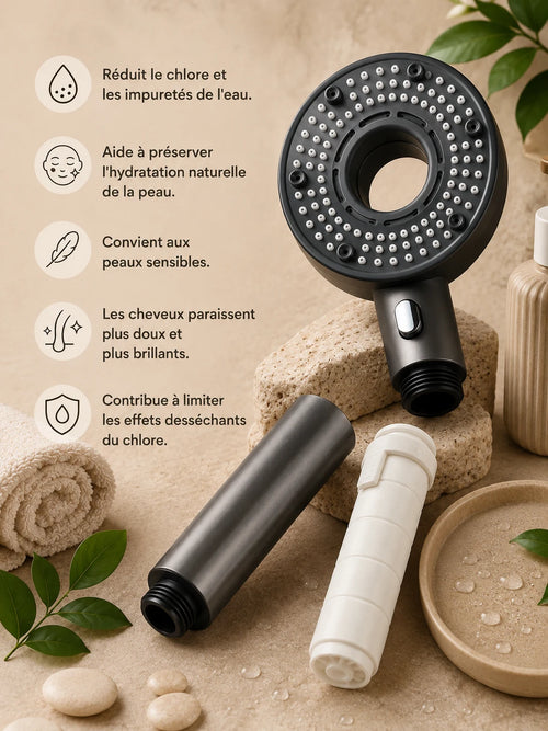 Pommeau de Douche Anti-Calcaire 5 Modes – Bleu + Cartouche Incluse